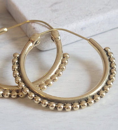 Golden Brass Hoop Earrings: Ornate Detail, Elegant Everyday Wear