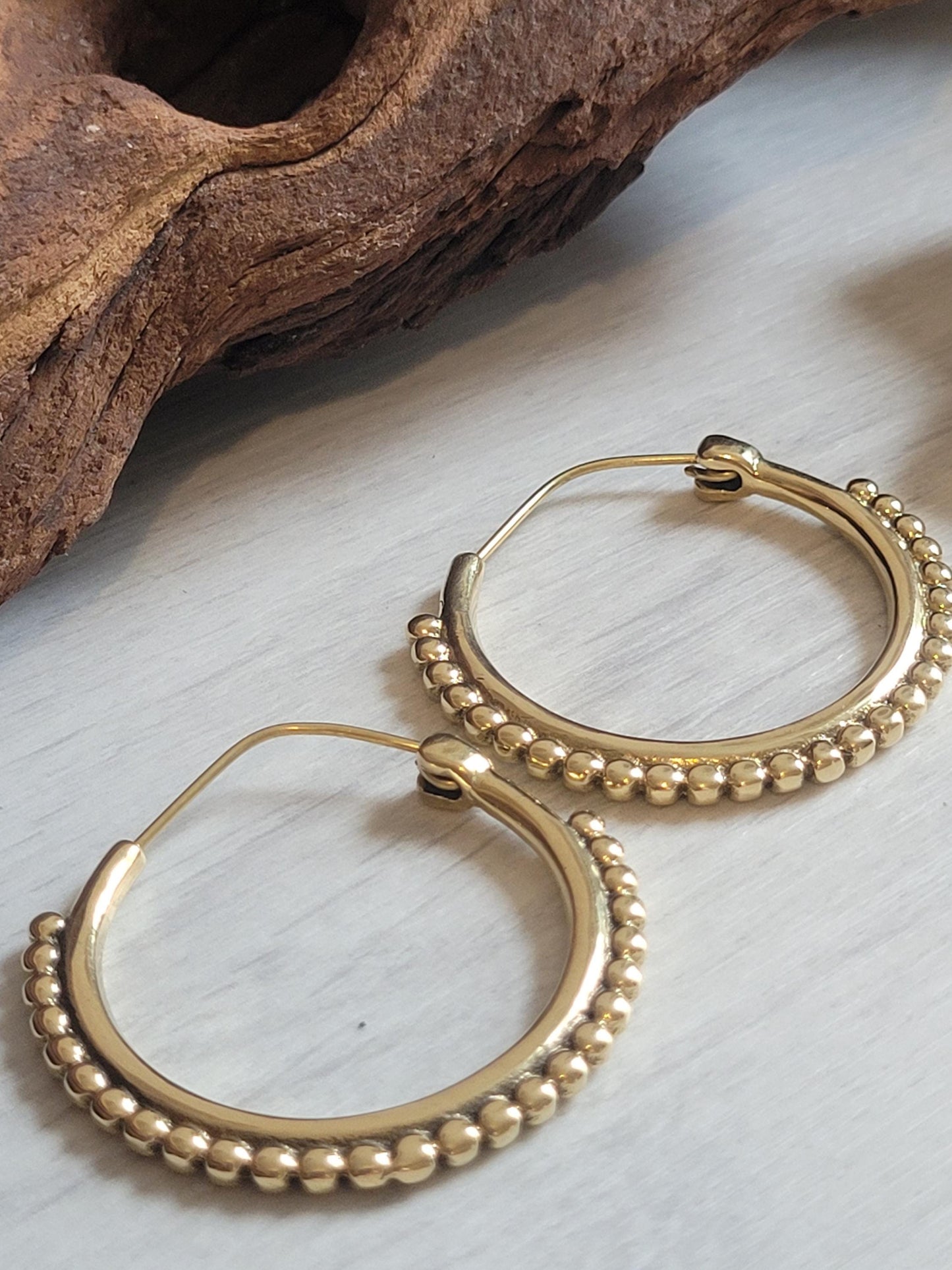 Golden Brass Hoop Earrings: Ornate Detail, Elegant Everyday Wear