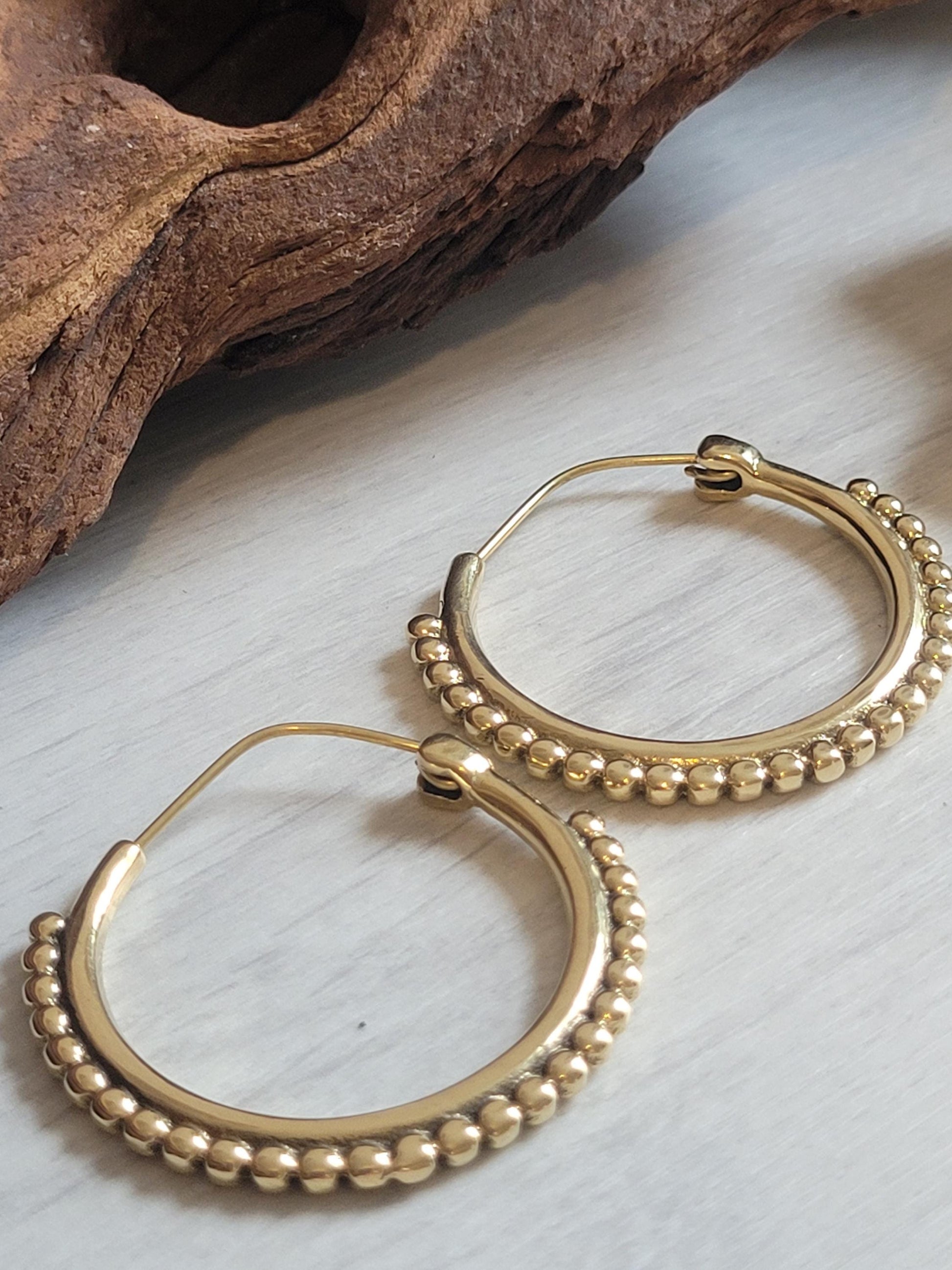 Golden Brass Hoop Earrings: Ornate Detail, Elegant Everyday Wear