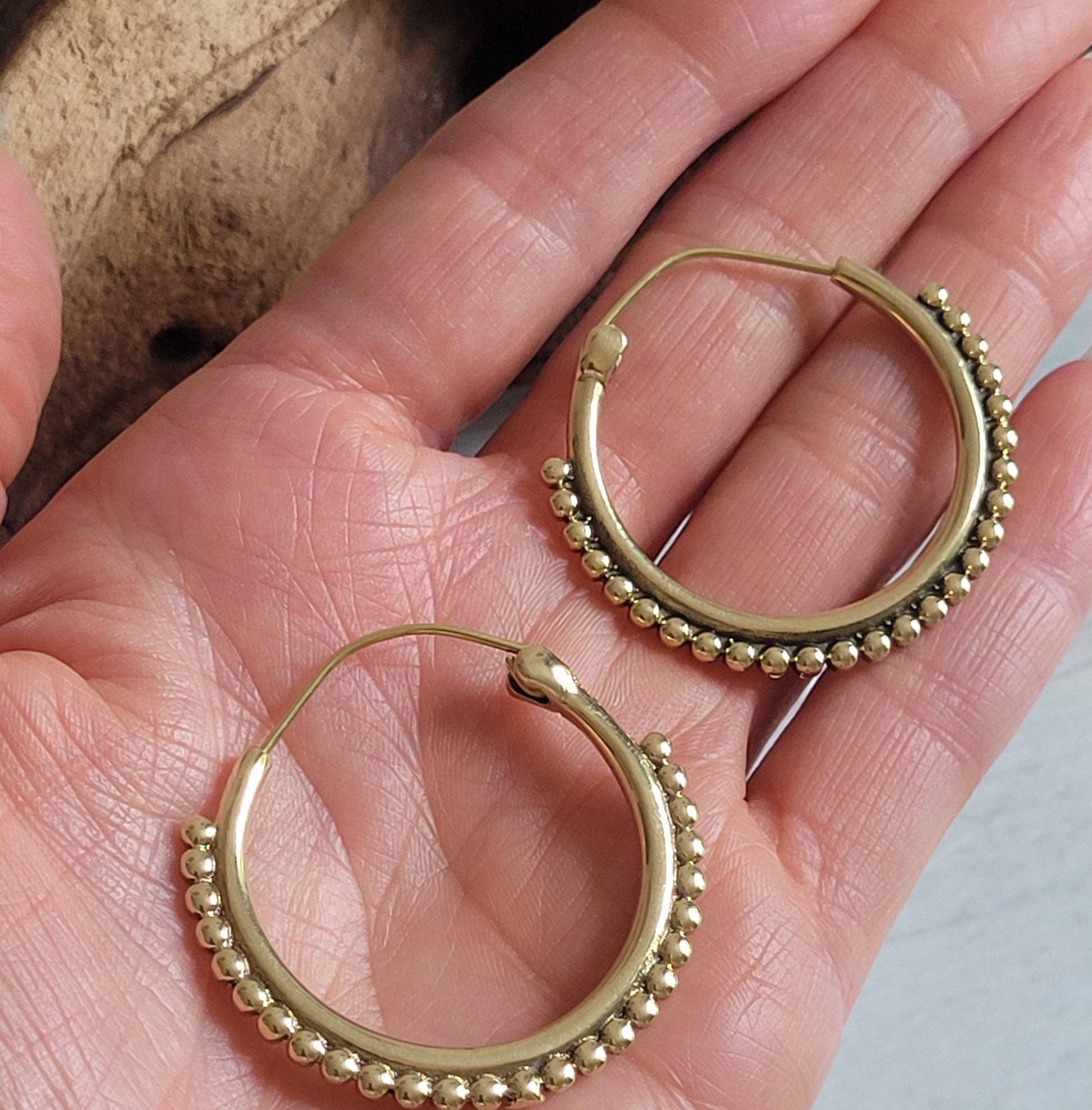 Golden Brass Hoop Earrings: Ornate Detail, Elegant Everyday Wear