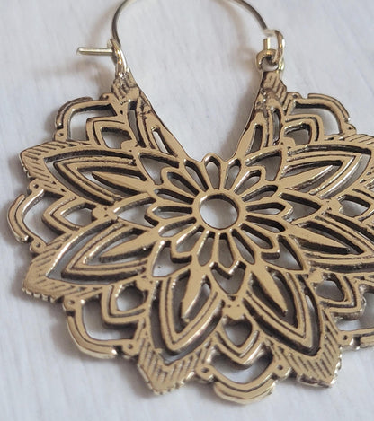 Gold Brass Flower Earrings: Boho Mandala Jewelry / Gift for her