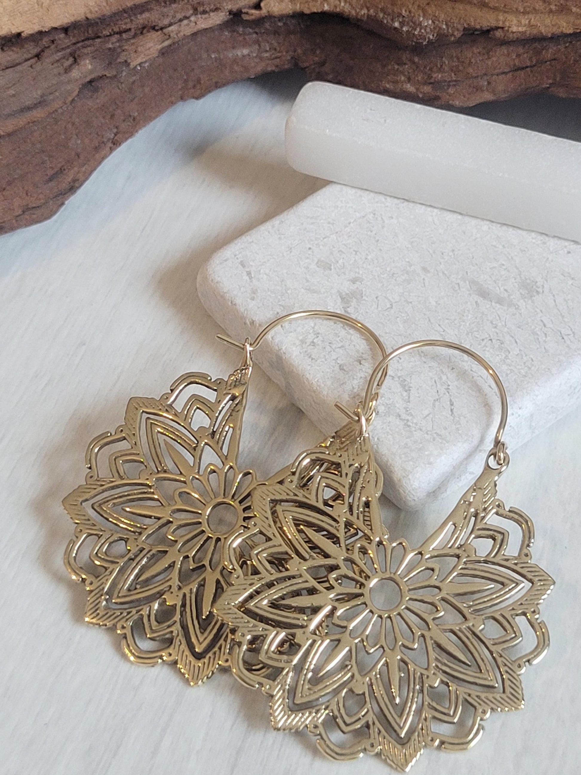 Gold Brass Flower Earrings: Boho Mandala Jewelry / Gift for her