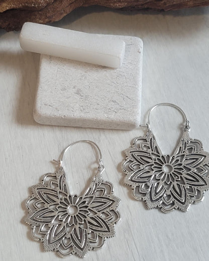 Silver Flower Mandala Earrings: Boho Floral Jewelry / Gift for her