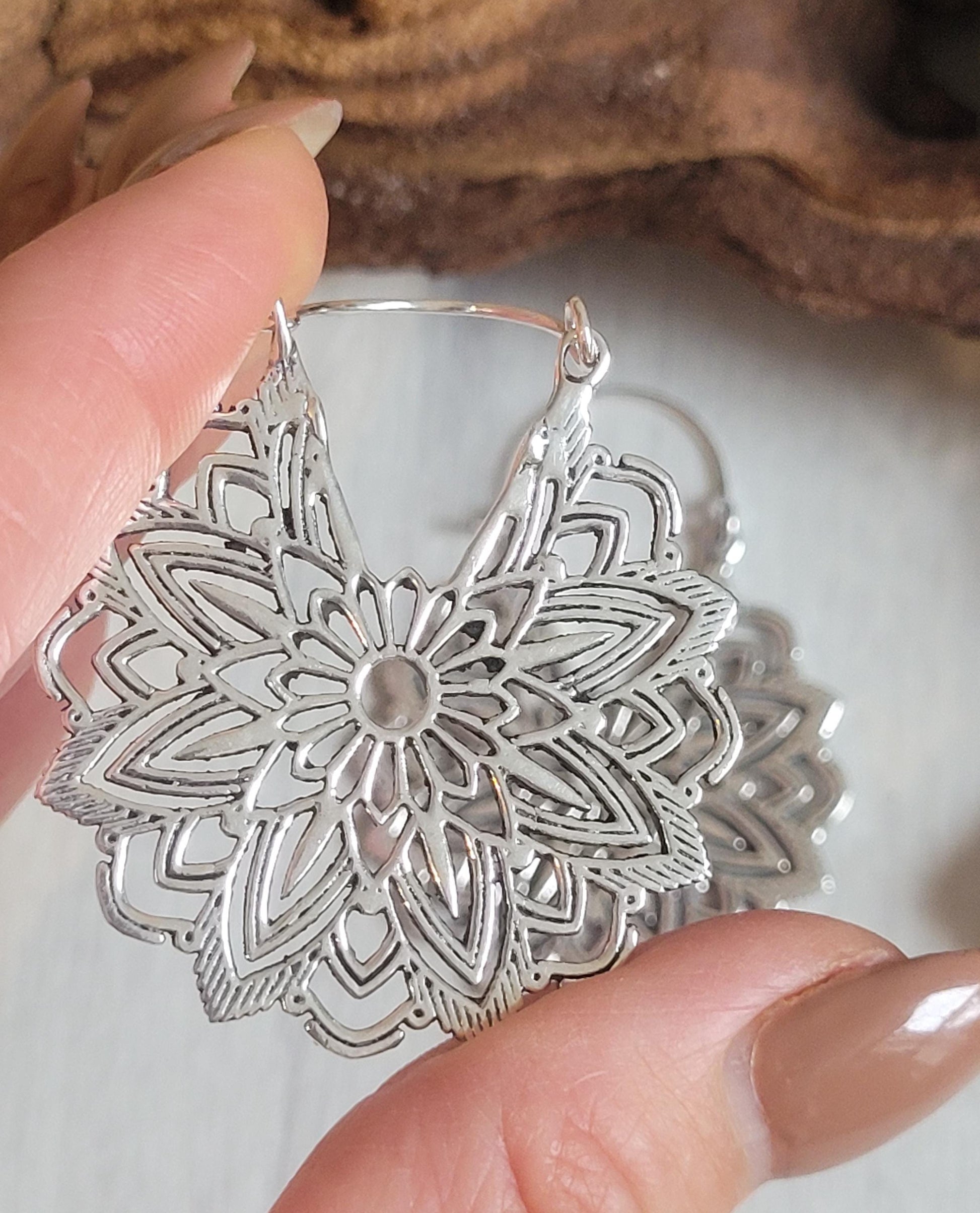 Silver Flower Mandala Earrings: Boho Floral Jewelry / Gift for her