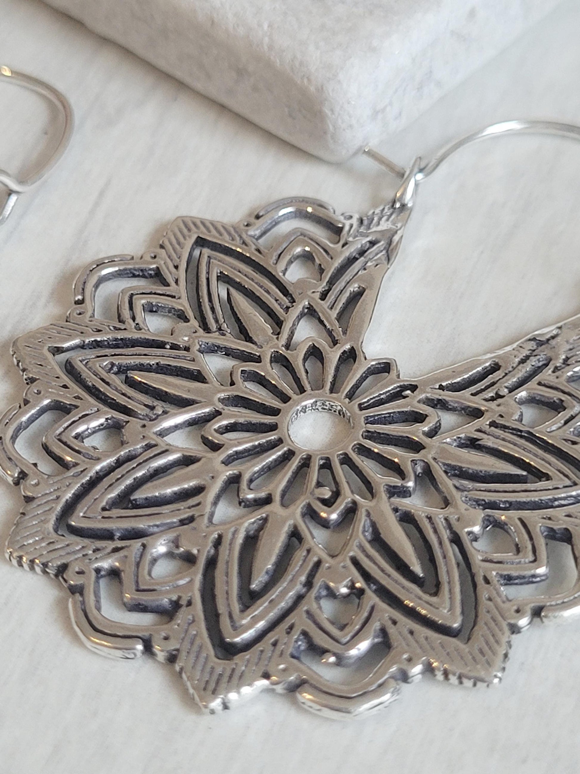Silver Flower Mandala Earrings: Boho Floral Jewelry / Gift for her