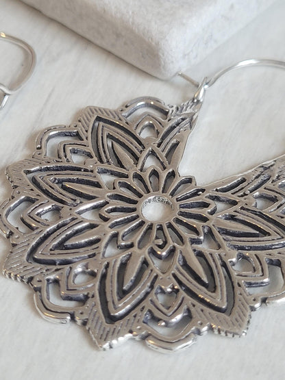 Silver Flower Mandala Earrings: Boho Floral Jewelry / Gift for her