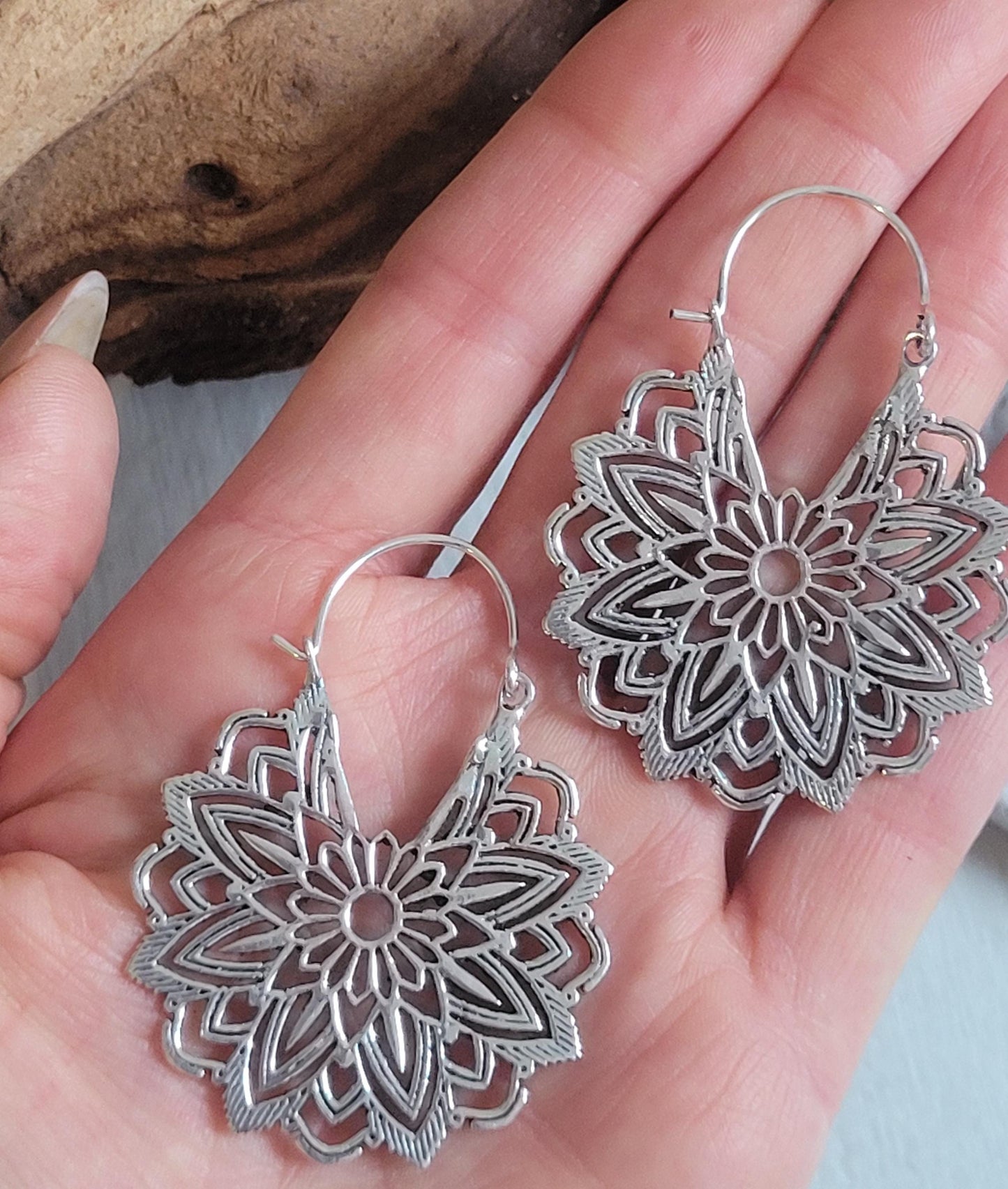 Silver Flower Mandala Earrings: Boho Floral Jewelry / Gift for her