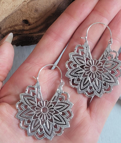 Silver Flower Mandala Earrings: Boho Floral Jewelry / Gift for her
