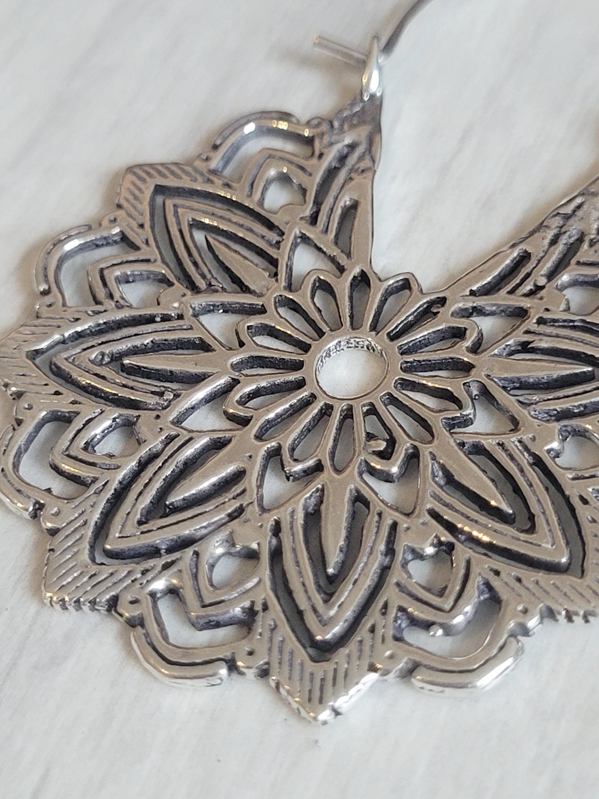 Silver Flower Mandala Earrings: Boho Floral Jewelry / Gift for her