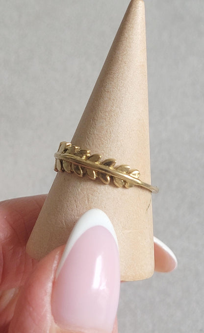 Gold Feather Ring: Minimalist Brass Leaf Jewelry