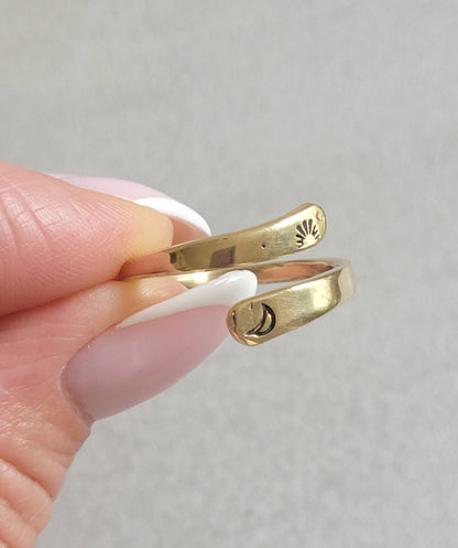 Brass Adjustable Ring: Moon & Sunshine Design - Boho Jewelry