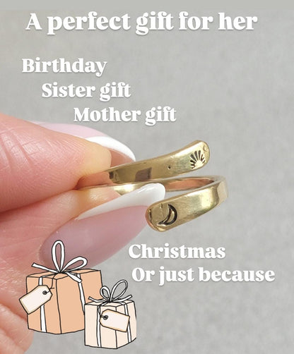 Brass Adjustable Ring: Moon & Sunshine Design - Boho Jewelry