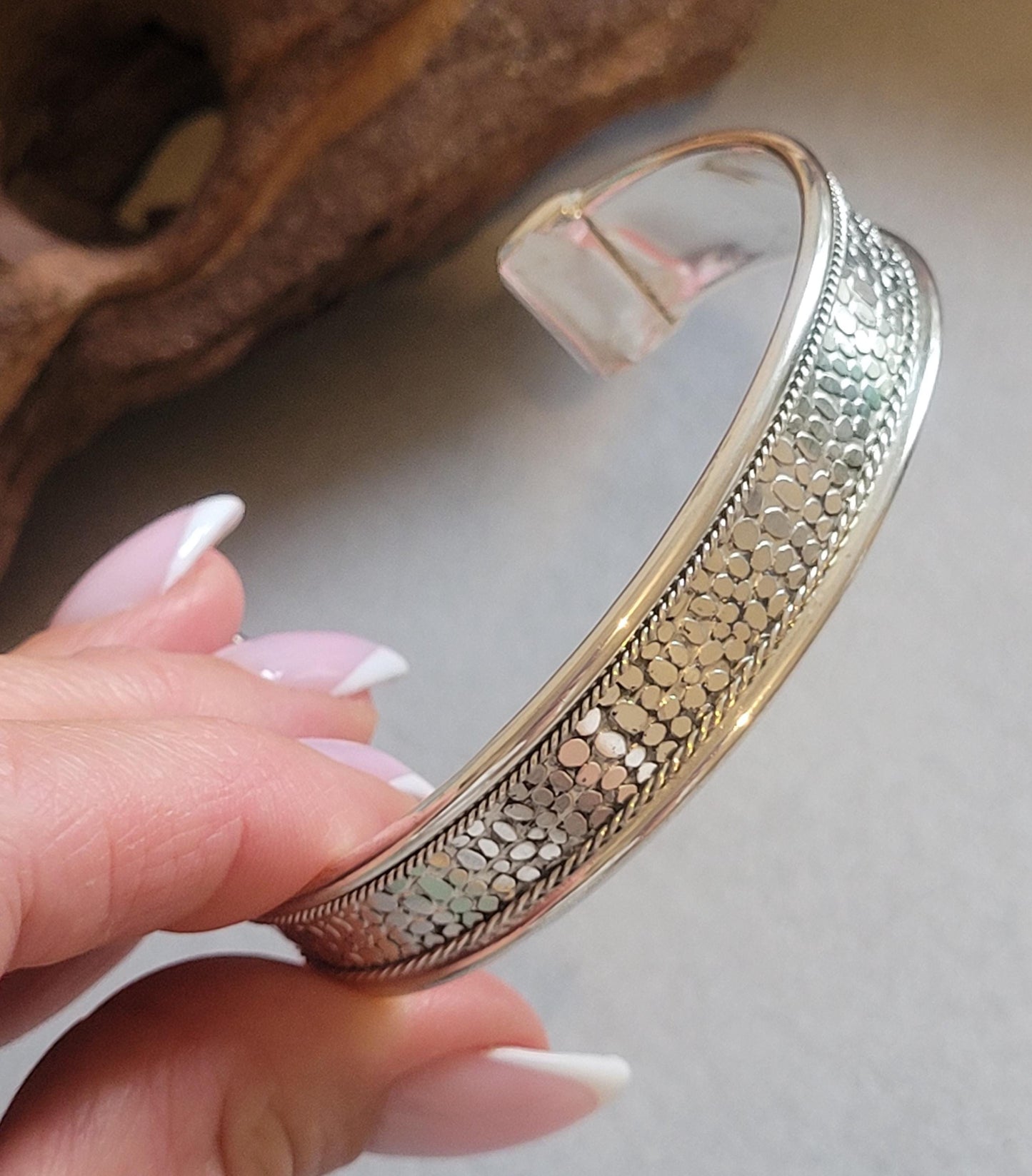 Detailed Silver Cuff Bracelet: Adjustable Ethnic Bangle