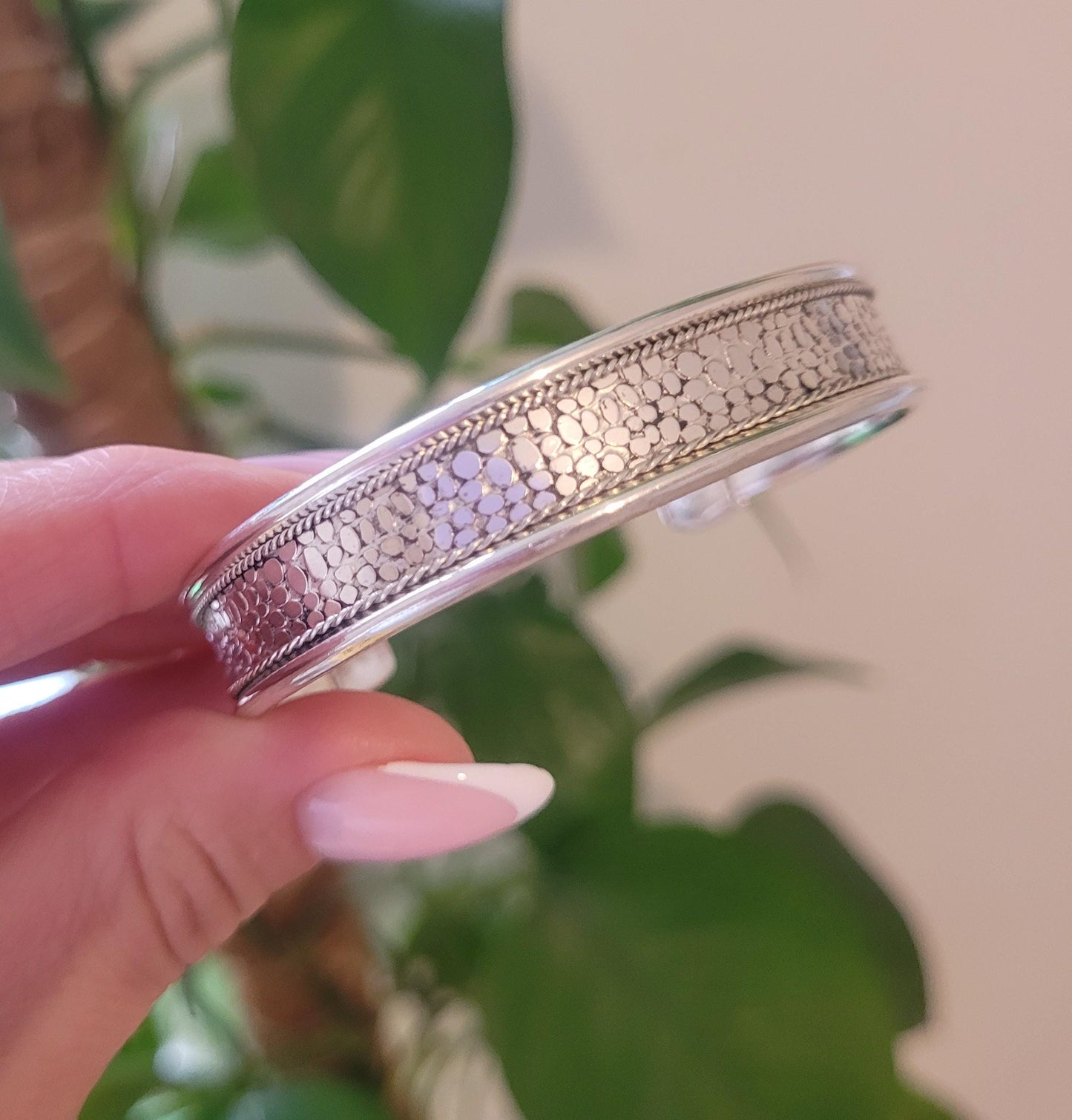 Detailed Silver Cuff Bracelet: Adjustable Ethnic Bangle