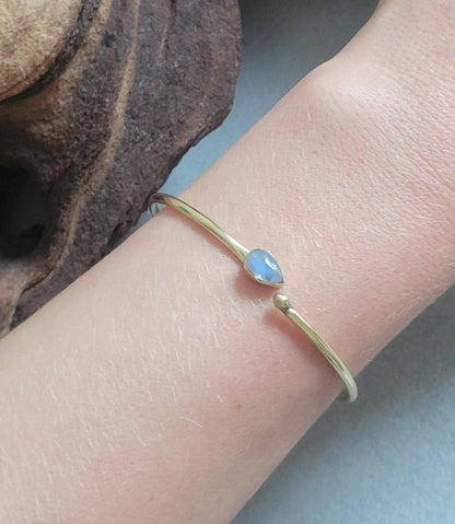 Brass Bangle with Labradorite: Adjustable Minimalist Gold Bracelet
