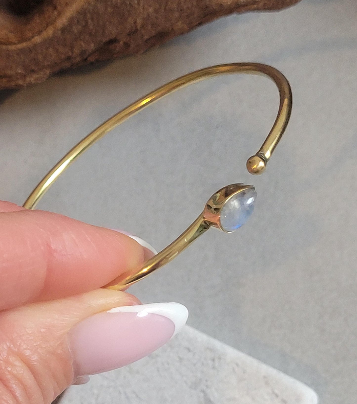 Brass Bangle with Labradorite: Adjustable Minimalist Gold Bracelet