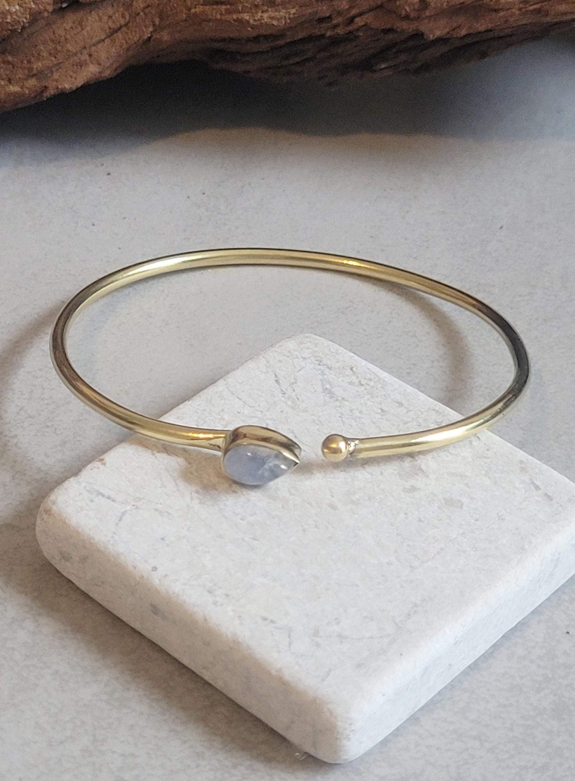 Brass Bangle with Labradorite: Adjustable Minimalist Gold Bracelet