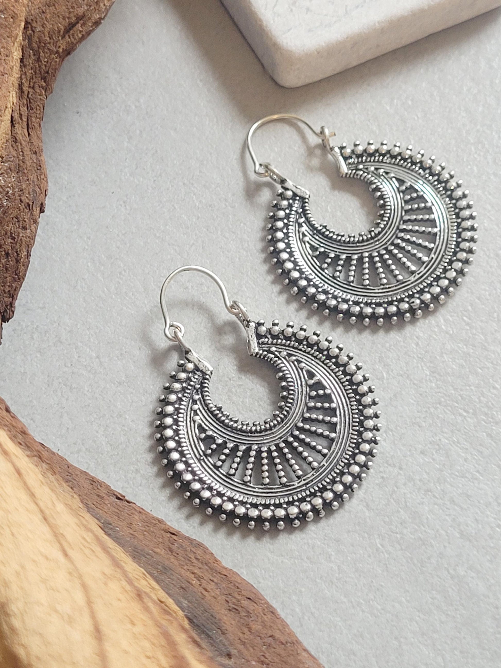 Bohemian Silver Hoop Earrings: Lightweight Plated Jewelry