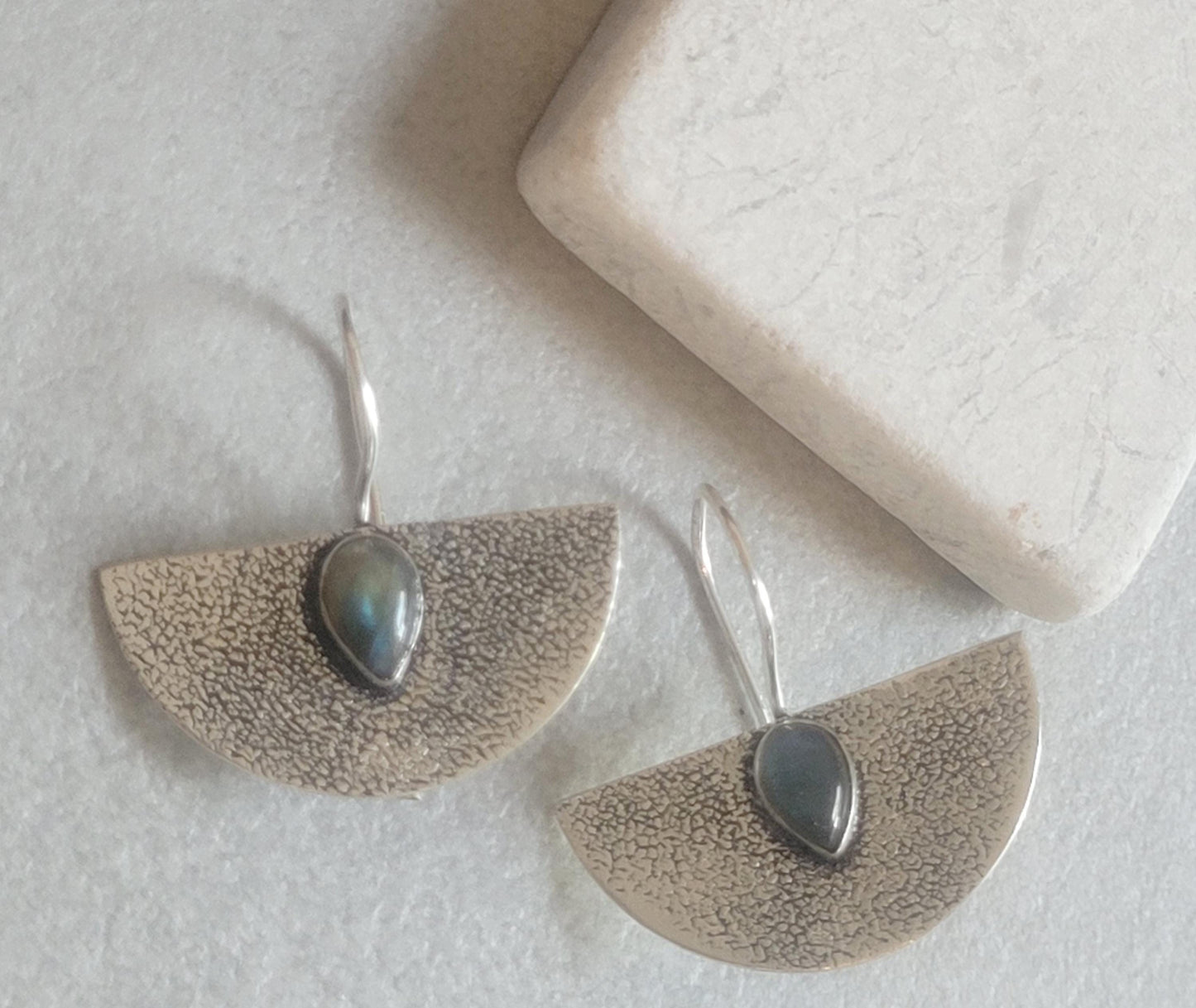 Hammered Silver Earrings: Labradorite Stone, Boho Bohemian Jewelry