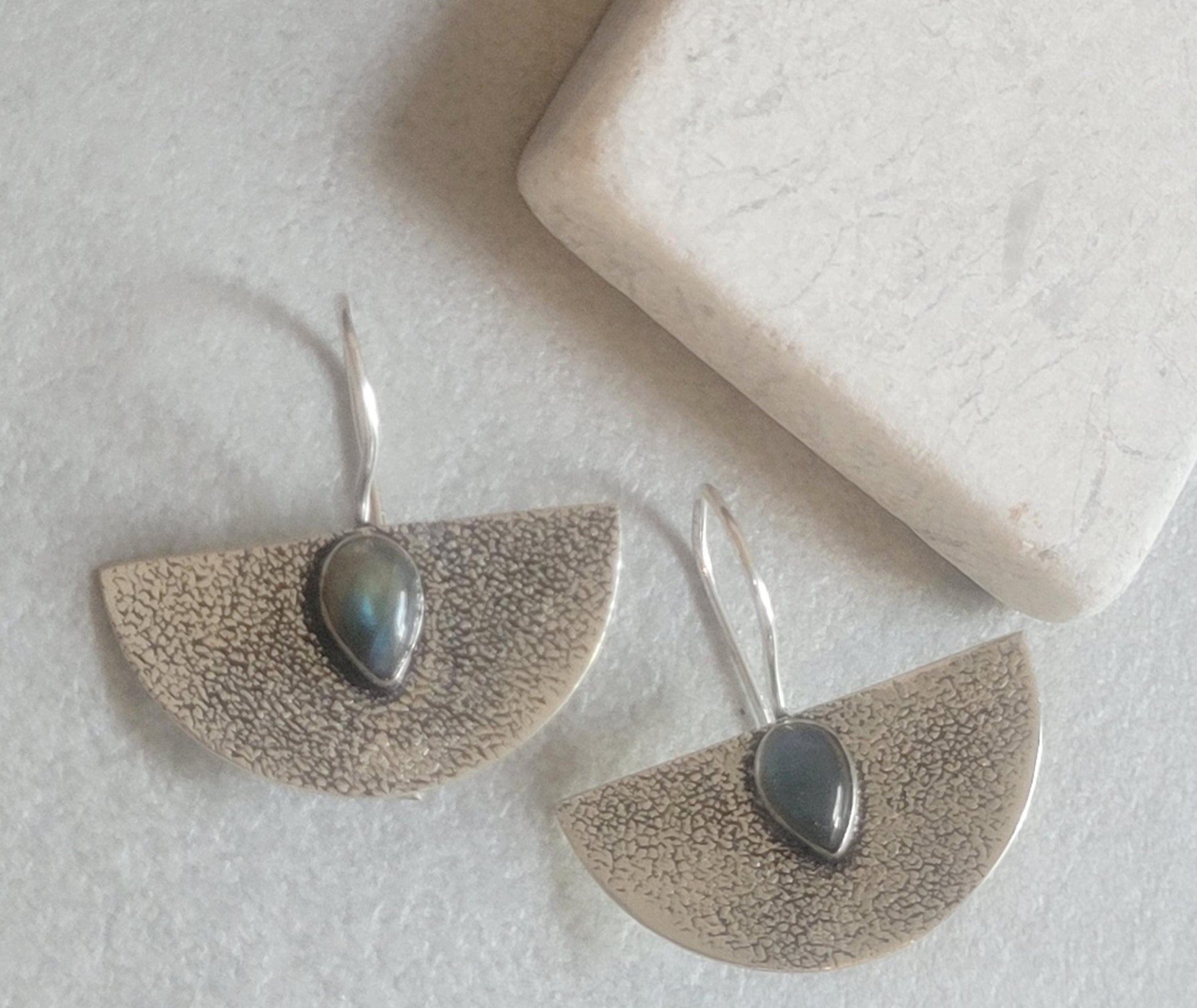 Hammered Silver Earrings: Labradorite Stone, Boho Bohemian Jewelry