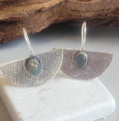 Hammered Silver Earrings: Labradorite Stone, Boho Bohemian Jewelry