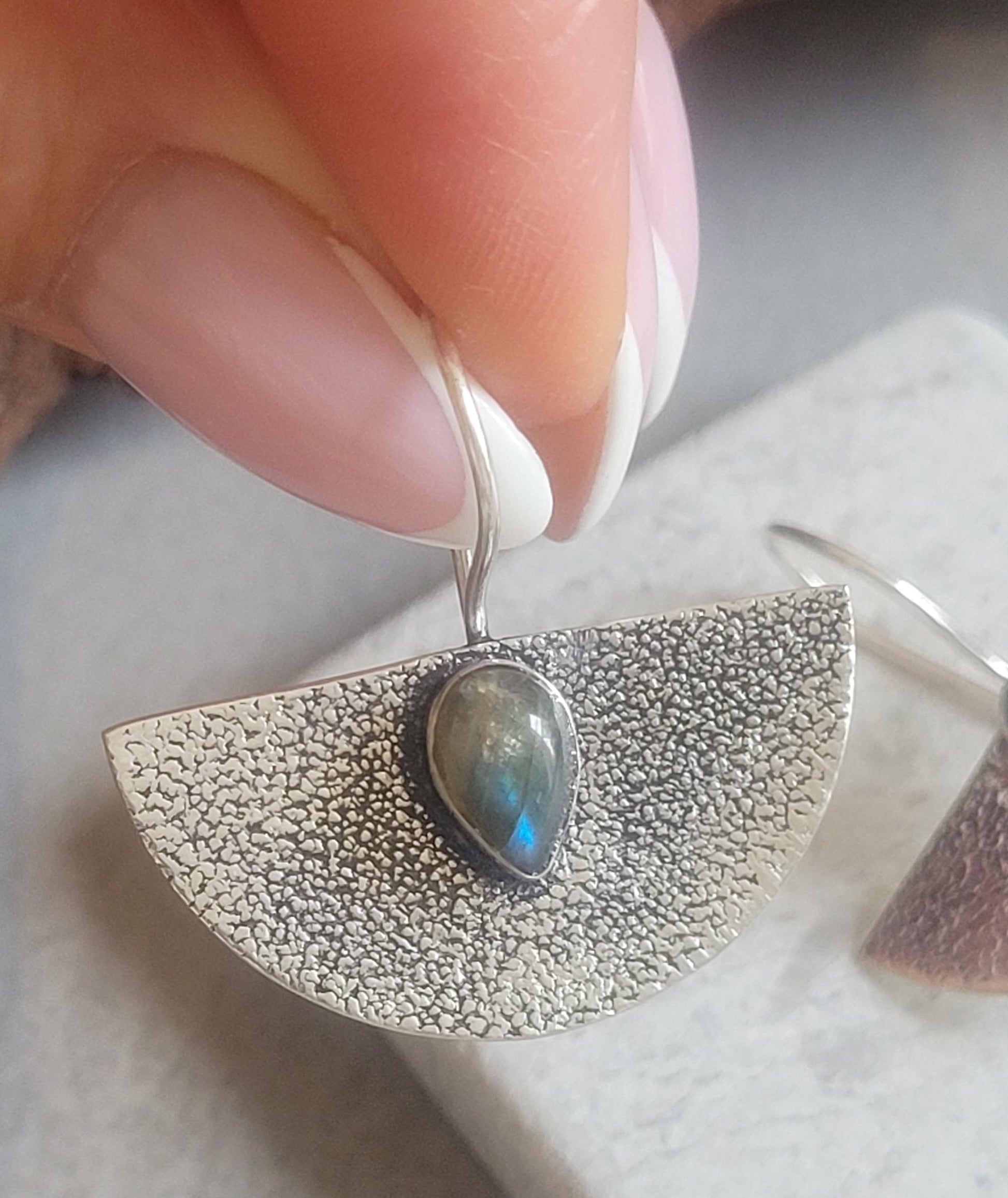 Hammered Silver Earrings: Labradorite Stone, Boho Bohemian Jewelry