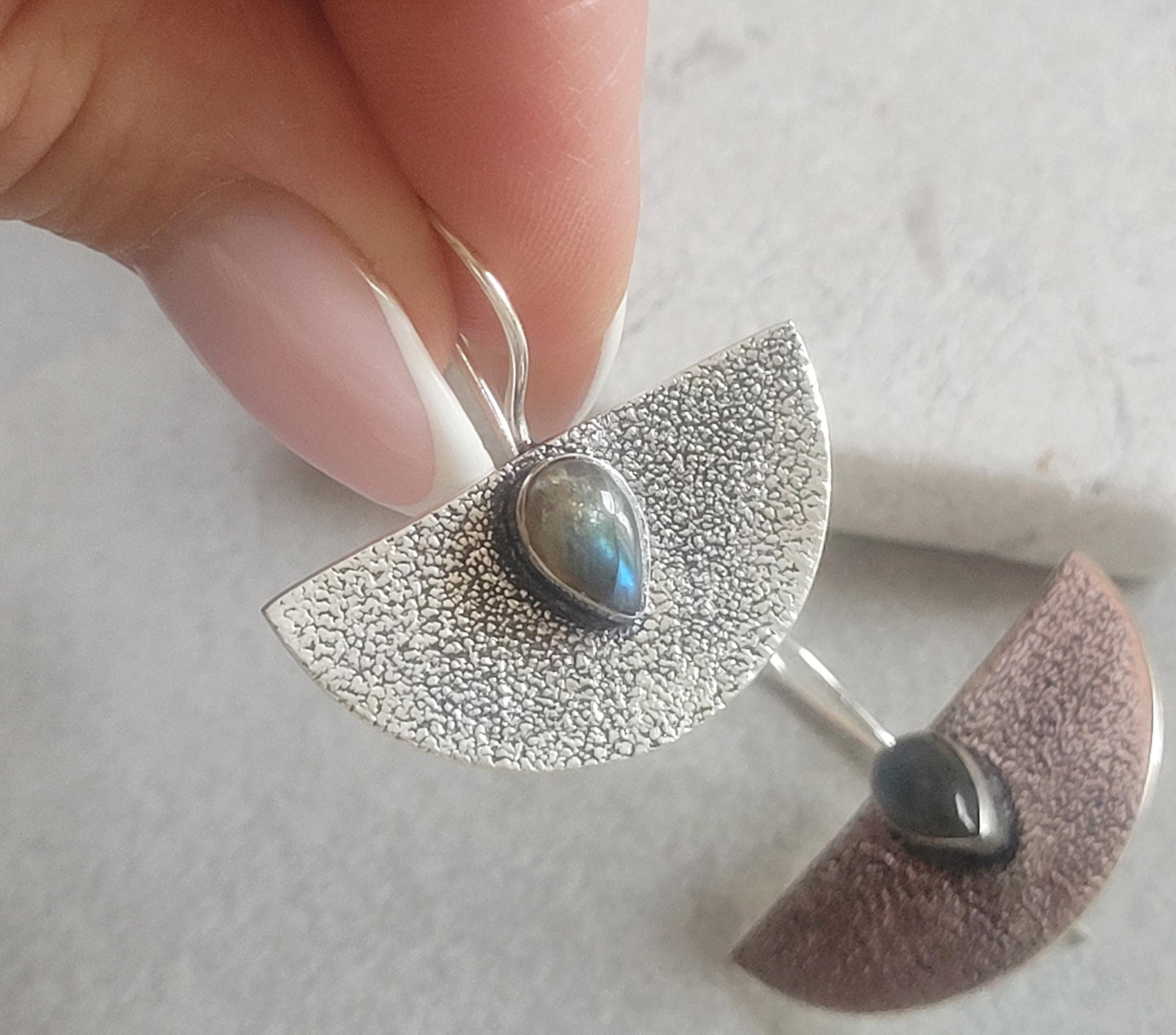 Hammered Silver Earrings: Labradorite Stone, Boho Bohemian Jewelry