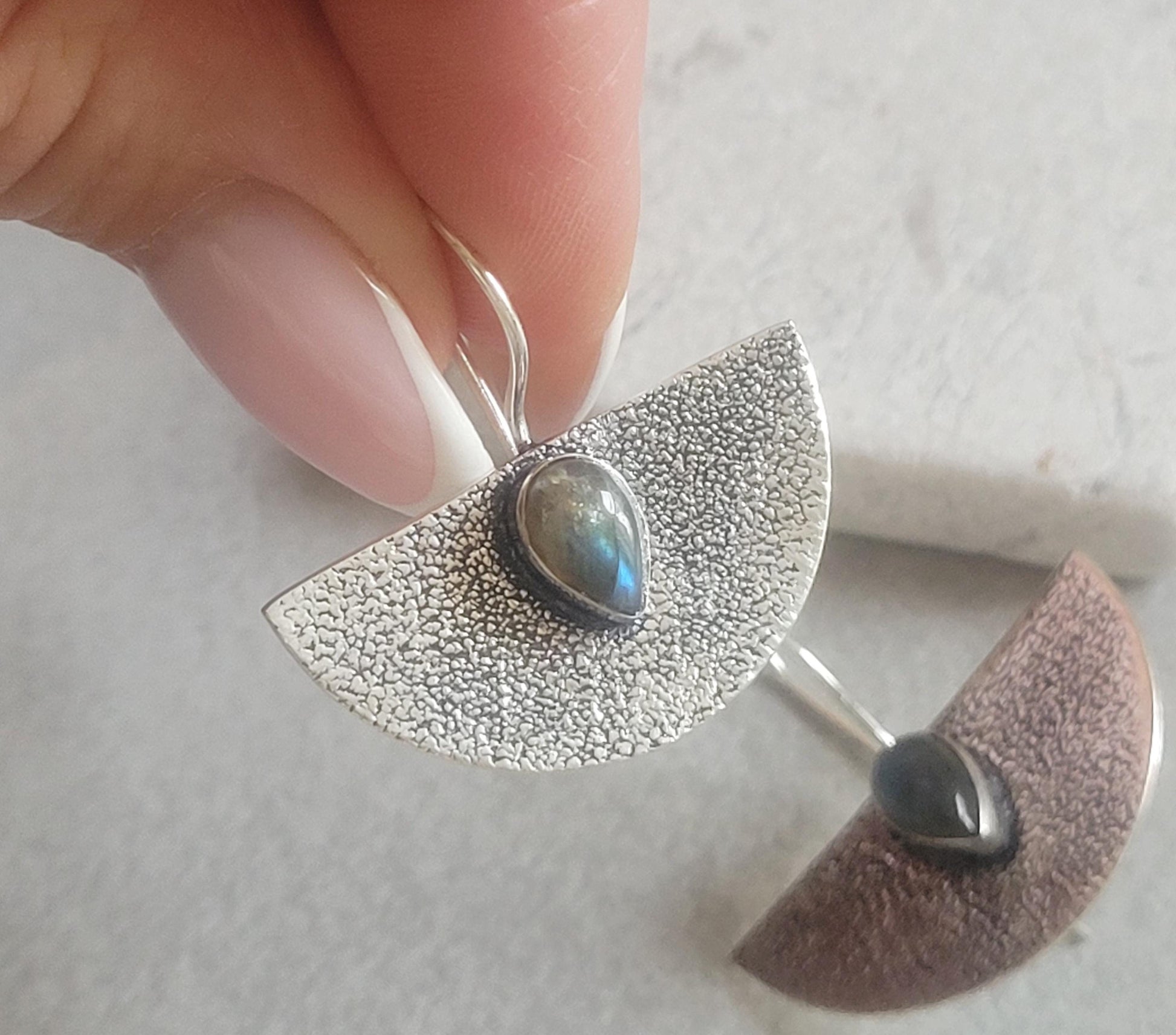 Hammered Silver Earrings: Labradorite Stone, Boho Bohemian Jewelry