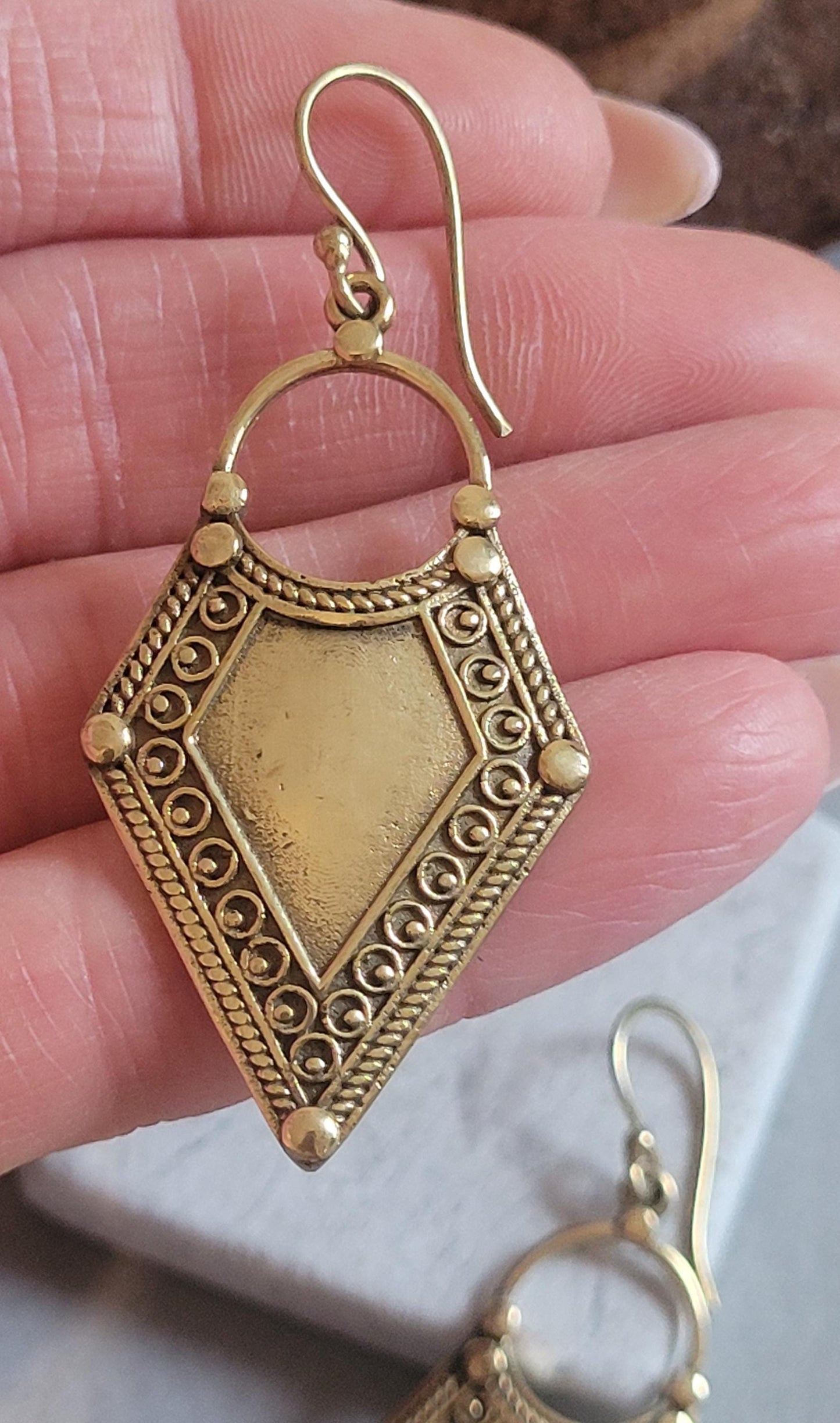 Golden Dangle earrings / Diamond shape earrings / Bohemian / Boho / Ethnic / Pretty / Brass jewellery / Gift idea