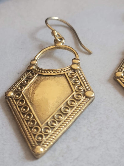 Golden Dangle earrings / Diamond shape earrings / Bohemian / Boho / Ethnic / Pretty / Brass jewellery / Gift idea