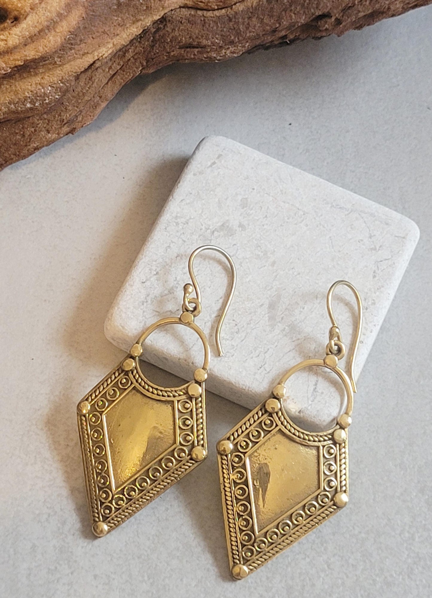 Golden Dangle earrings / Diamond shape earrings / Bohemian / Boho / Ethnic / Pretty / Brass jewellery / Gift idea