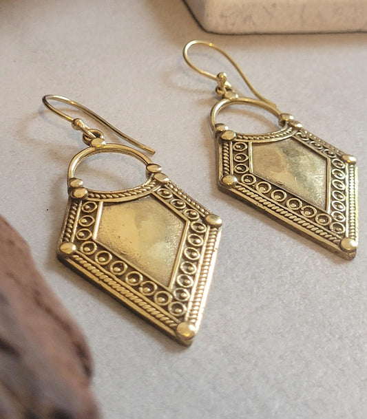 Golden Dangle earrings / Diamond shape earrings / Bohemian / Boho / Ethnic / Pretty / Brass jewellery / Gift idea