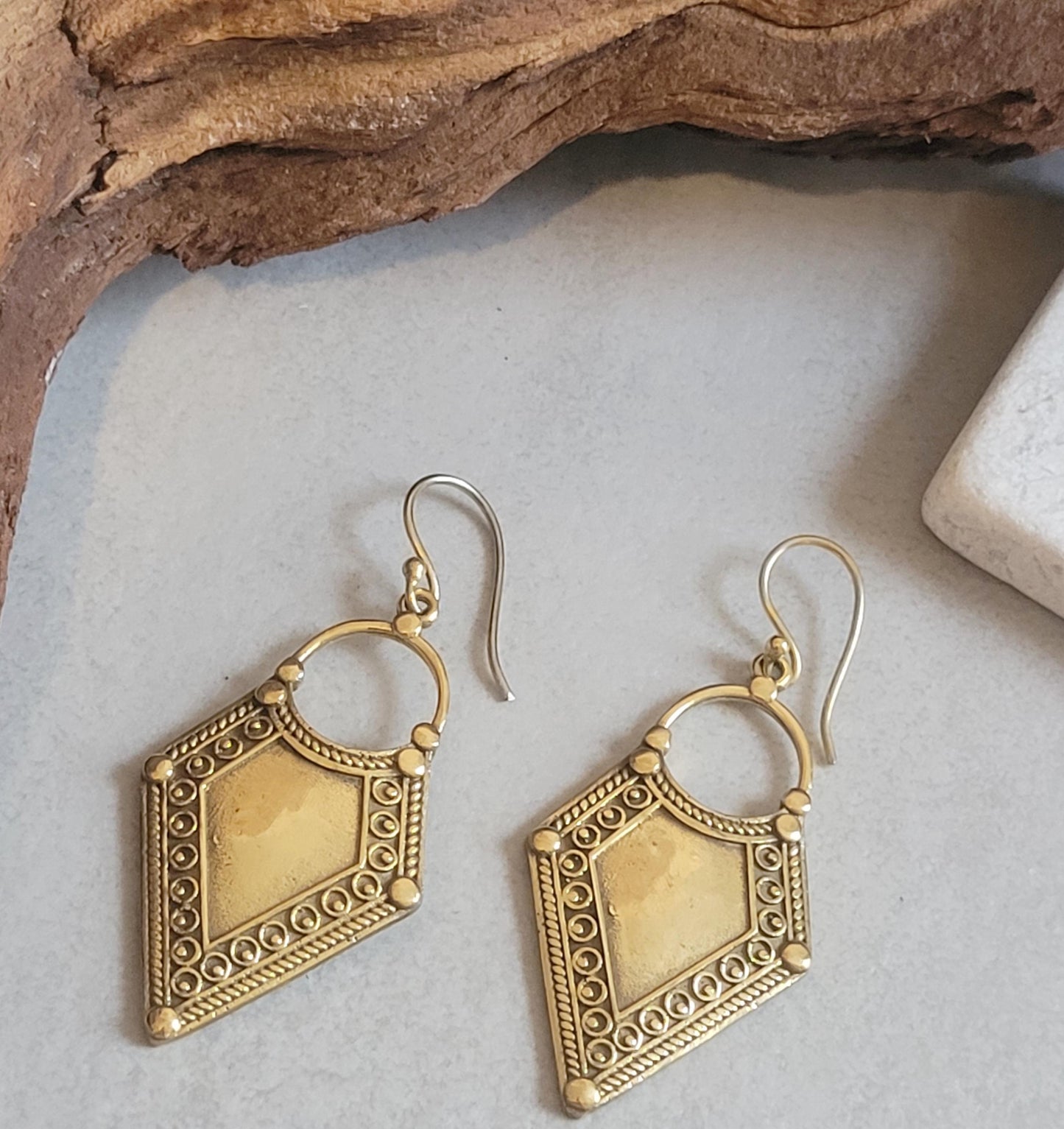 Golden Dangle earrings / Diamond shape earrings / Bohemian / Boho / Ethnic / Pretty / Brass jewellery / Gift idea