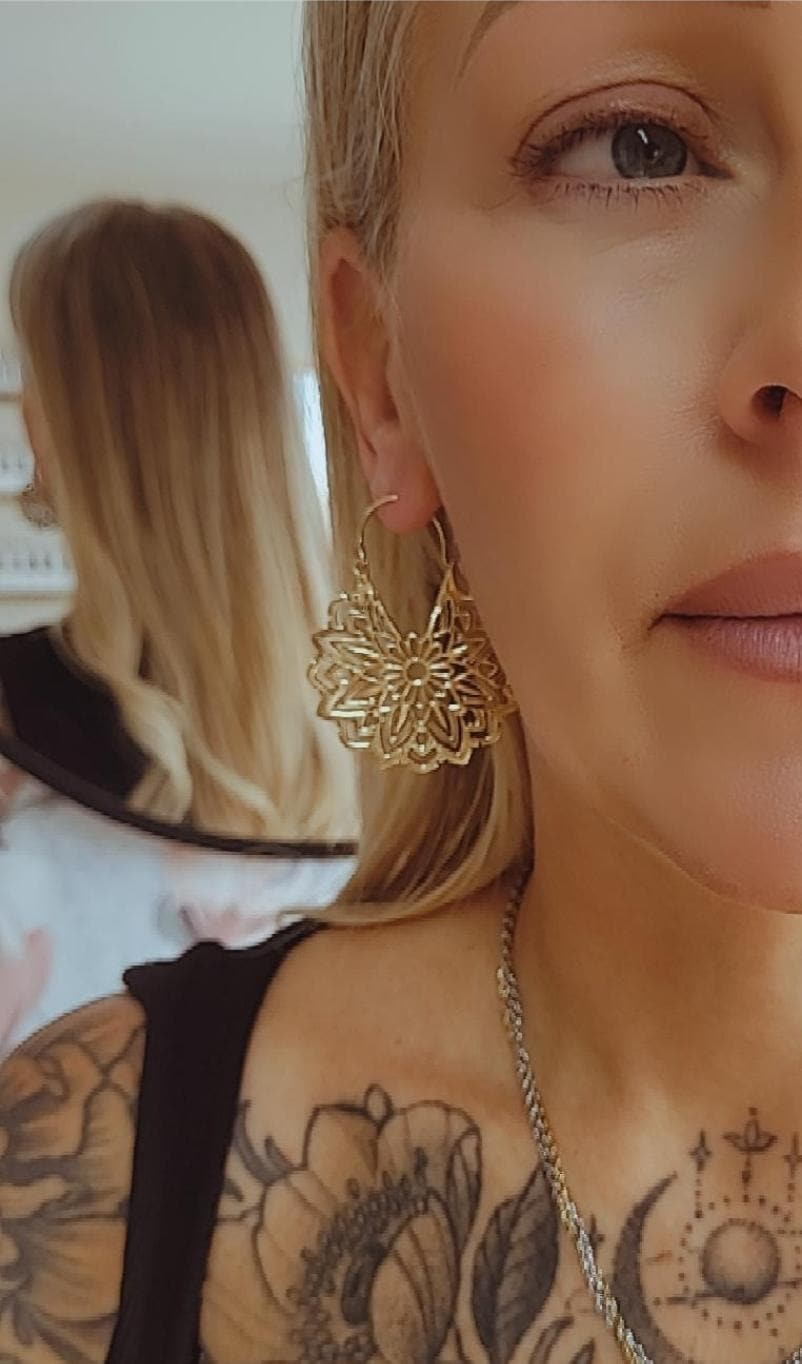 Gold Brass Flower Earrings: Boho Mandala Jewelry / Gift for her