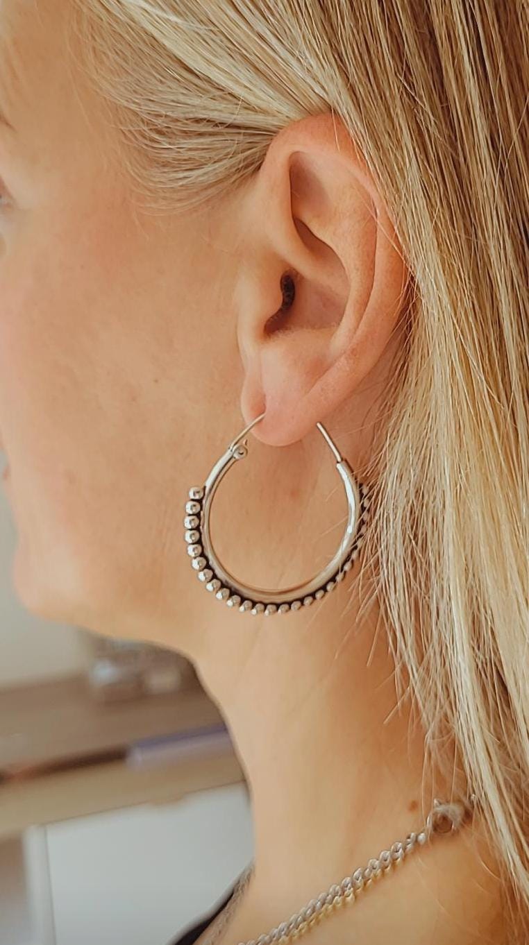 Ornate Silver Plated Hoop Earrings: Elegant Ethnic Design