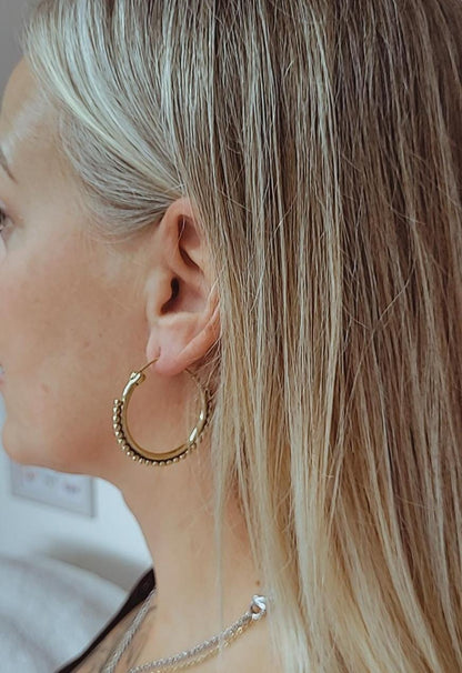 Golden Brass Hoop Earrings: Ornate Detail, Elegant Everyday Wear