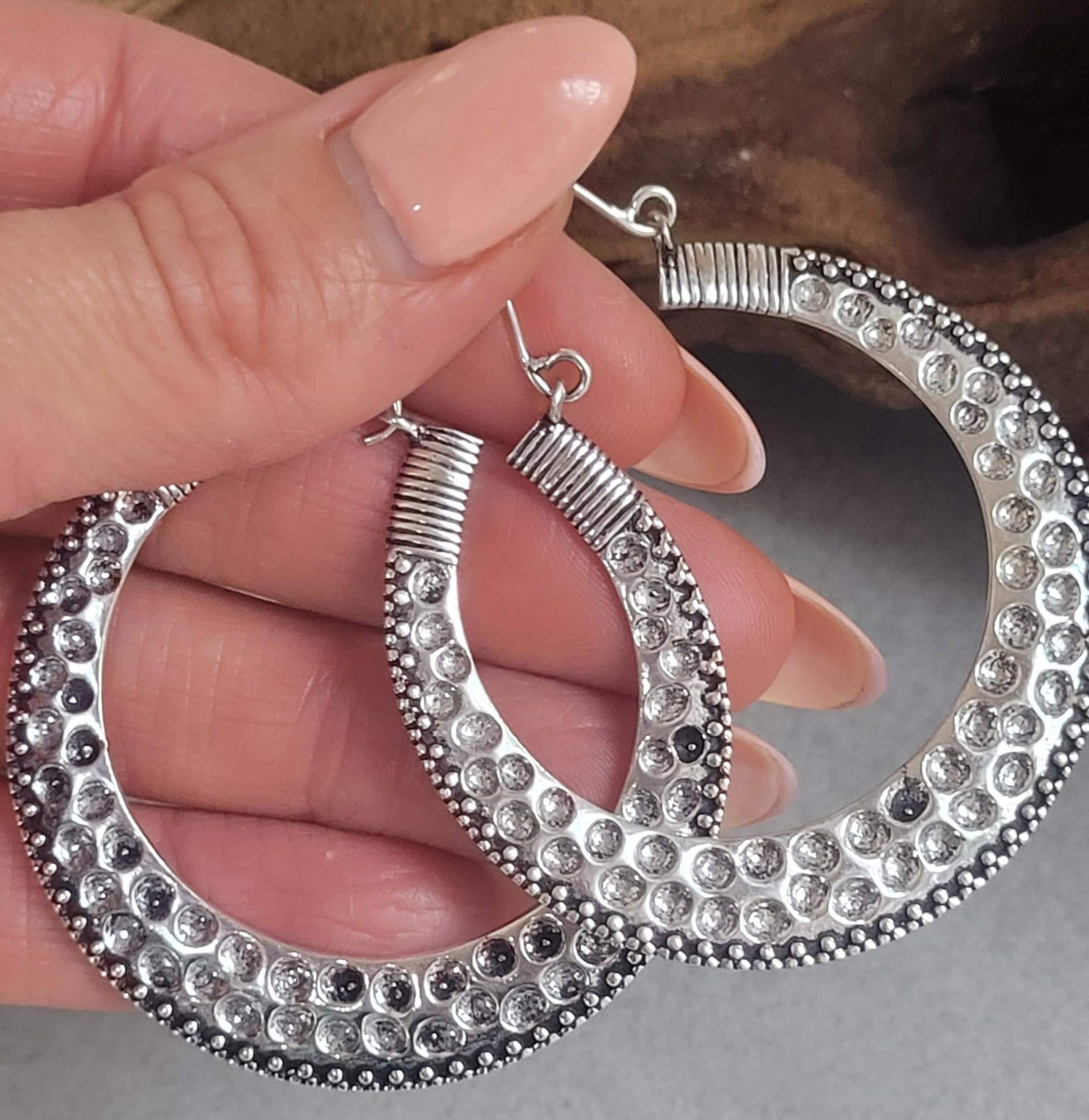 Large silver detailed hoop earrings / Lightweight earrings