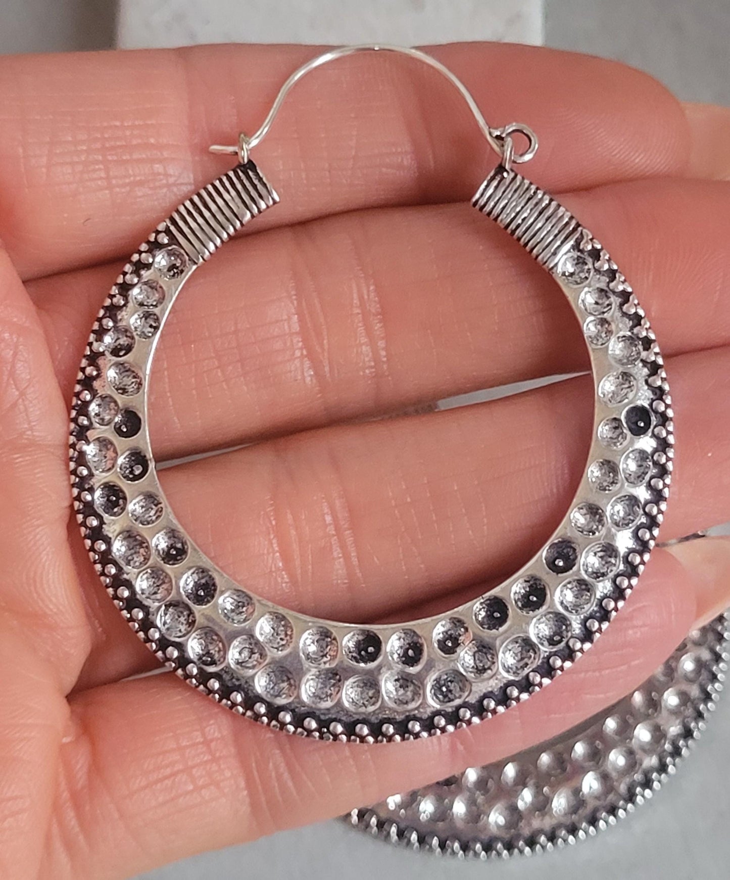 Large silver detailed hoop earrings / Lightweight earrings