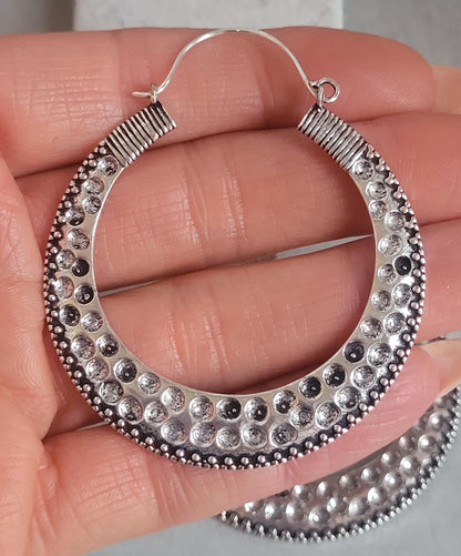 Large silver detailed hoop earrings / Lightweight earrings