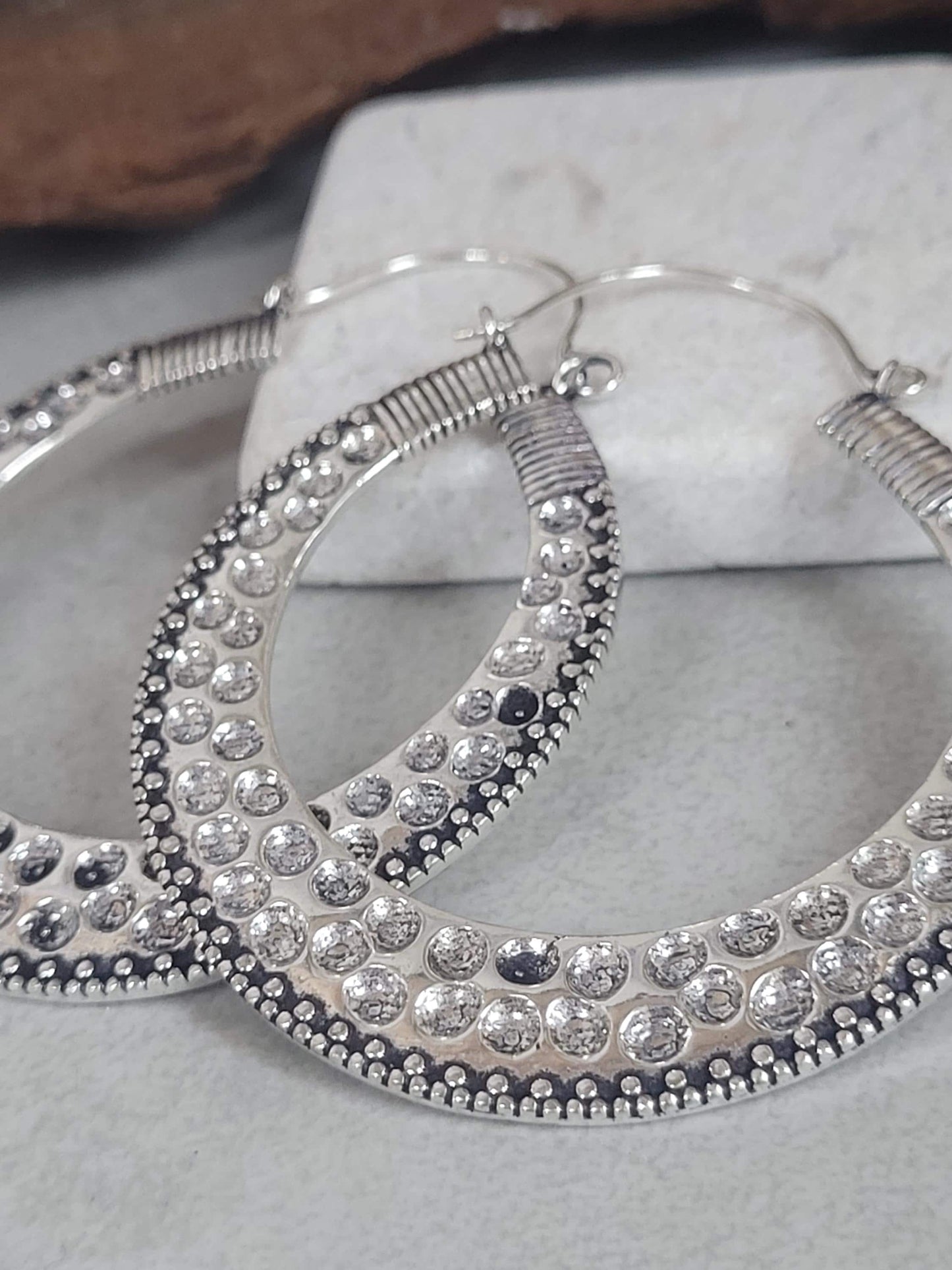 Large silver detailed hoop earrings / Lightweight earrings