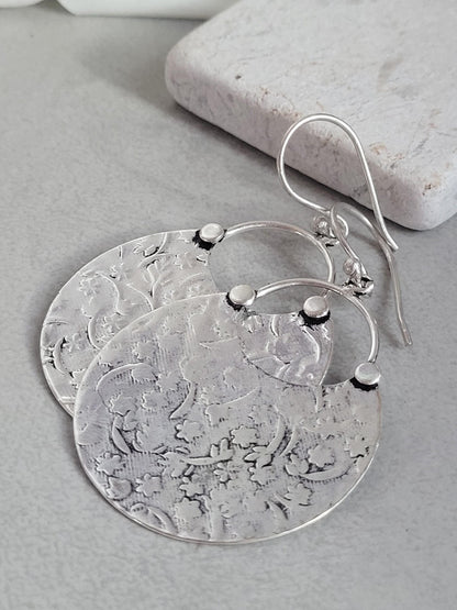 Silver floral dangle earrings: hypoallergenic earrings / Gift for her