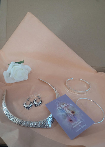Bohemian Silver Plated Jewelry Set: Choker, Earrings, Bracelets