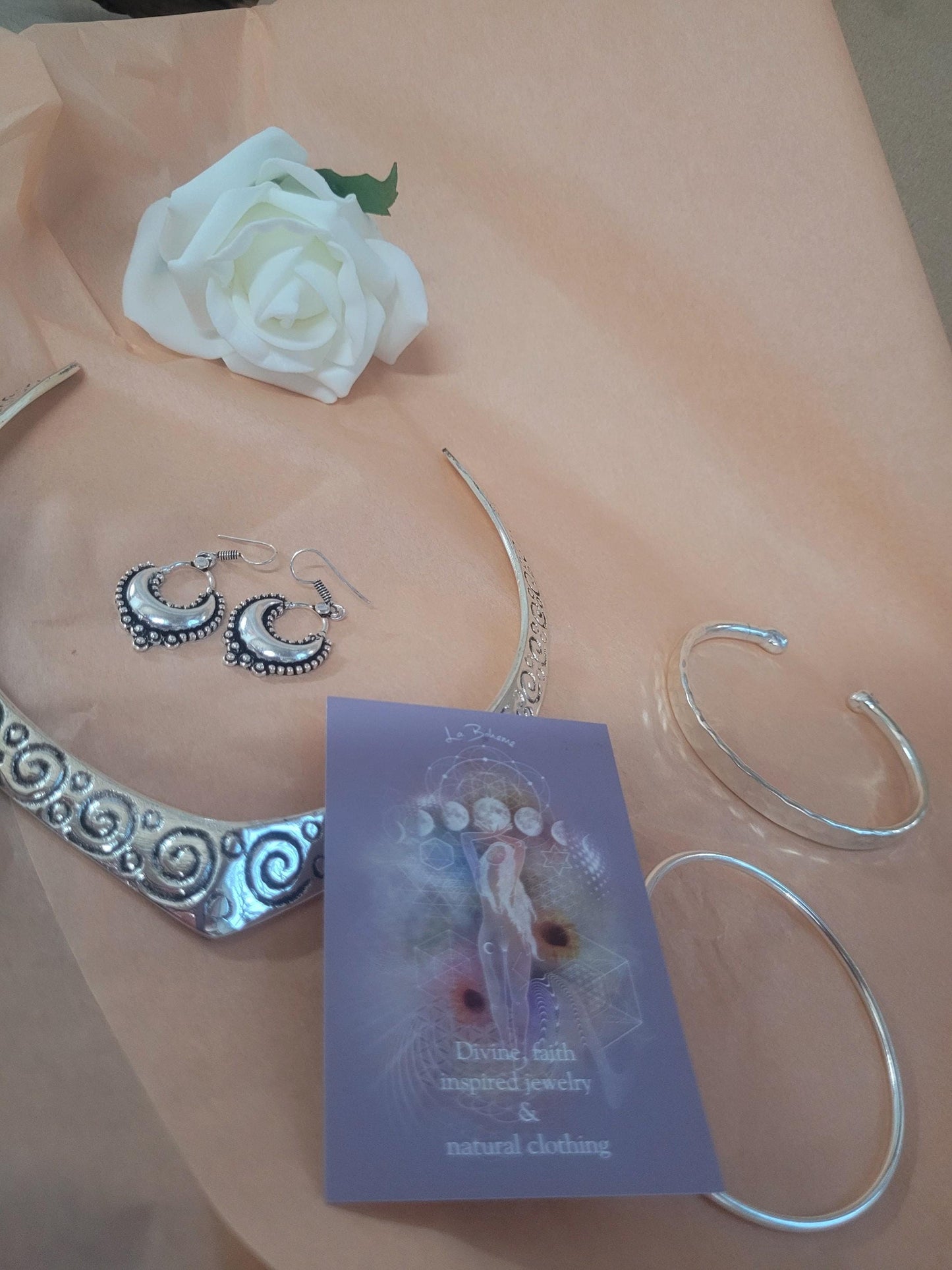 Bohemian Silver Plated Jewelry Set: Choker, Earrings, Bracelets