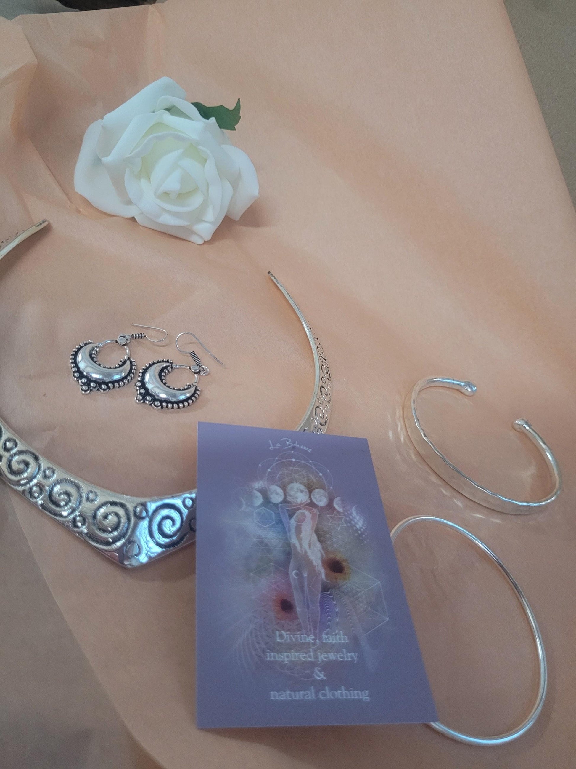 Bohemian Silver Plated Jewelry Set: Choker, Earrings, Bracelets