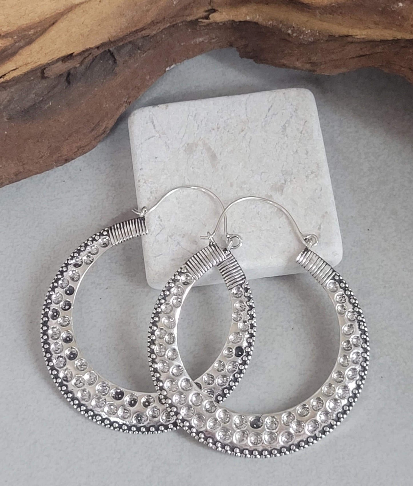 Large silver detailed hoop earrings / Lightweight earrings