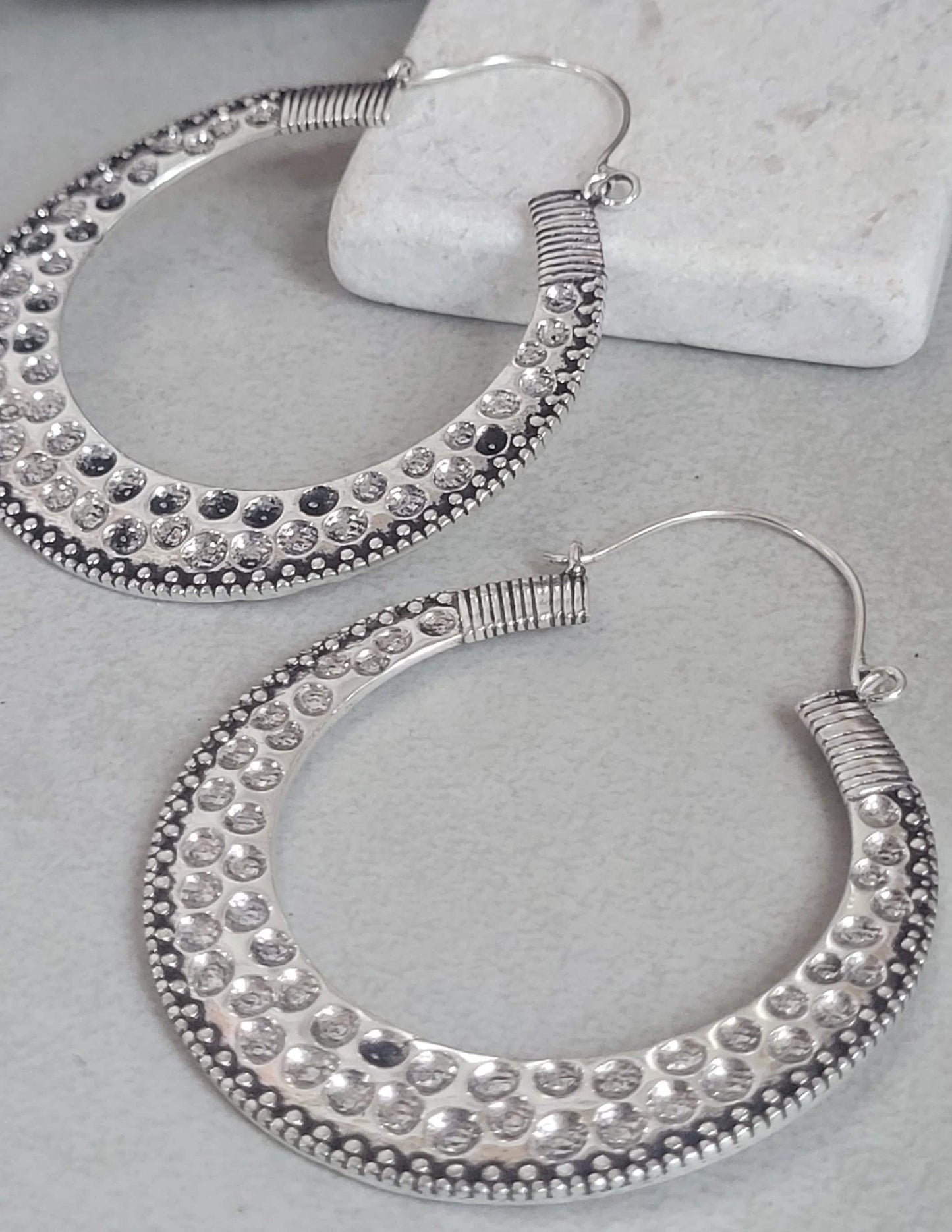 Large silver detailed hoop earrings / Lightweight earrings