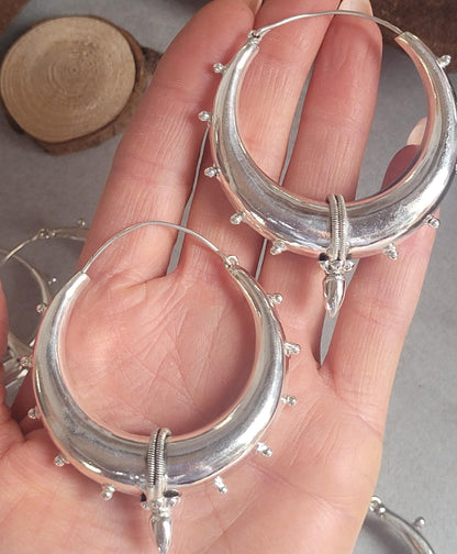 Silver chunky lightweight hoops / Big hoops / Large earrings / Gypsy / Bohemian / Boho / Ethnic hoops / Tribal