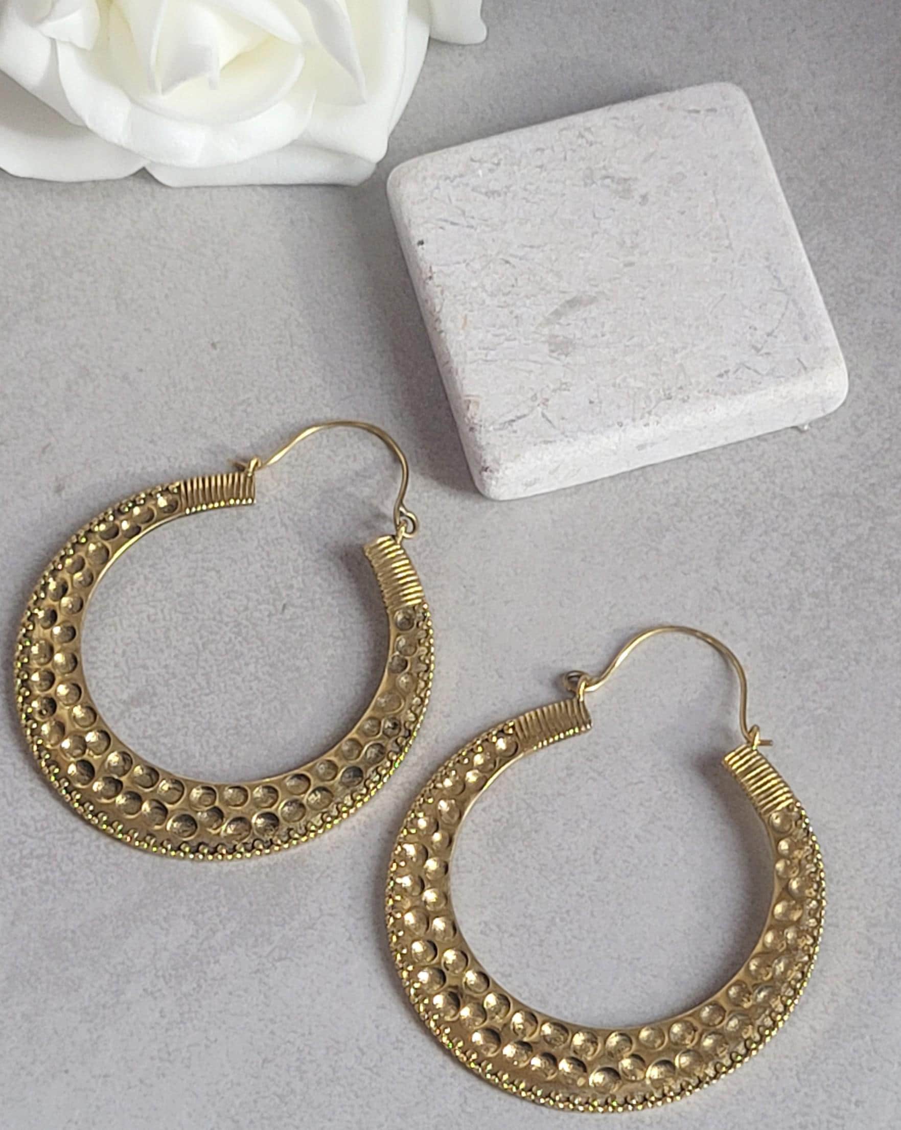 Large brass detailed hoop earrings / Lightweight earrings /