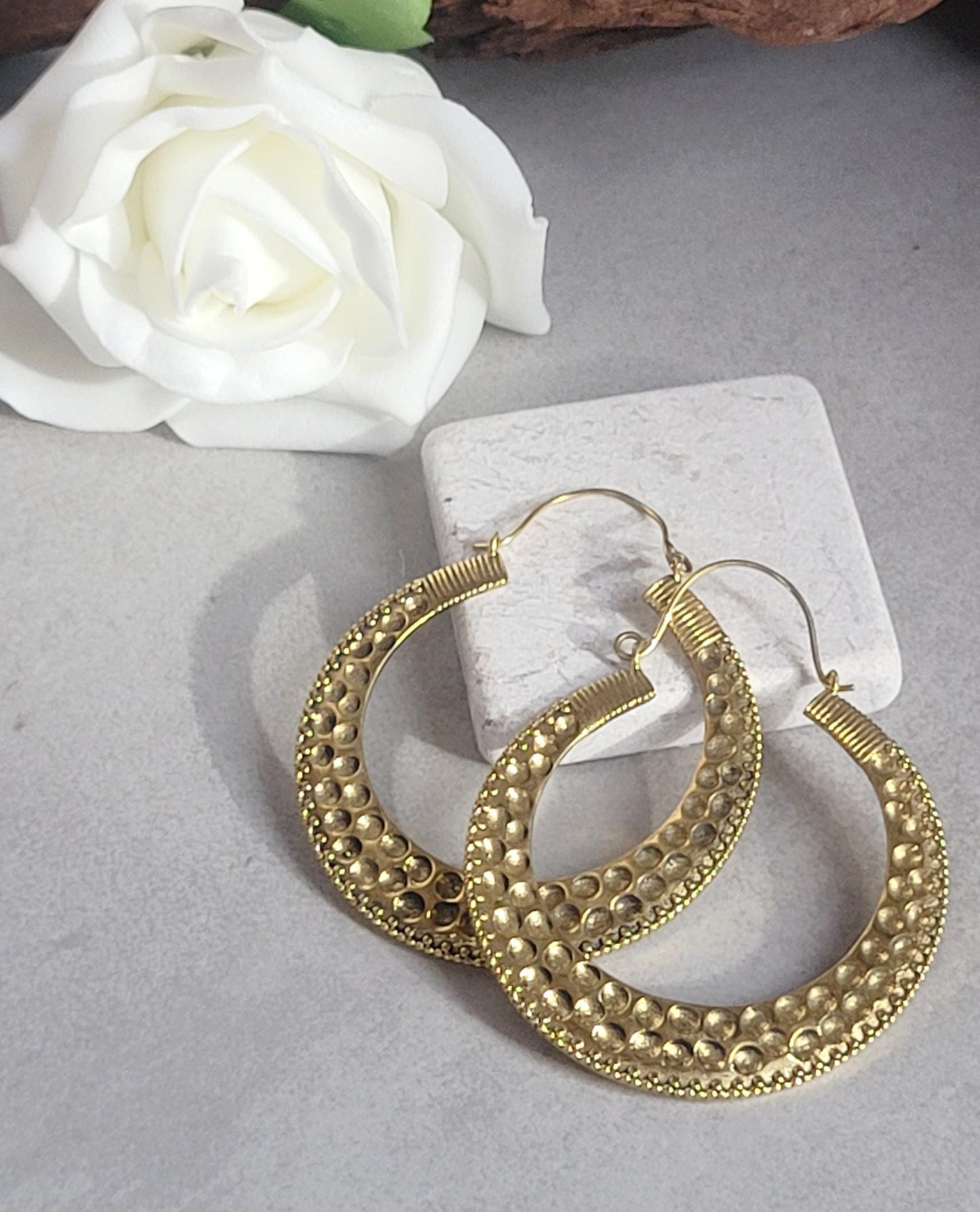 Large brass detailed hoop earrings / Lightweight earrings /