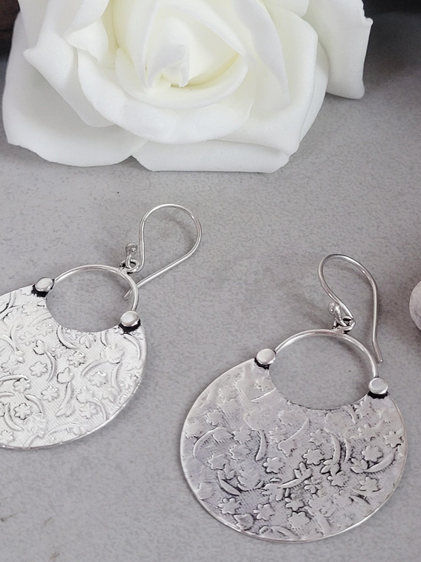 Silver floral dangle earrings: hypoallergenic earrings / Gift for her